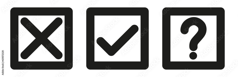 A set of dark flat checks and crosses and a question mark in a square. Vector graphics. A set of dark flat checks and crosses and a question mark in a square. Vector graphics.