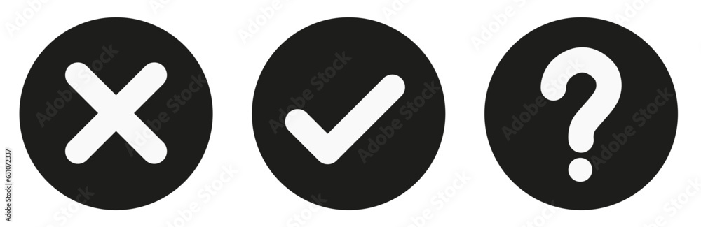 A set of white flat checks and crosses and a question mark in a dark circle. Vector graphics. A set of white flat checks and crosses and a question mark in a dark circle. Vector graphics.