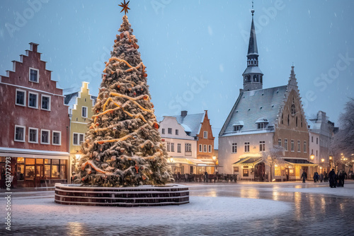 Festive Christmas decorations at town square in small European city