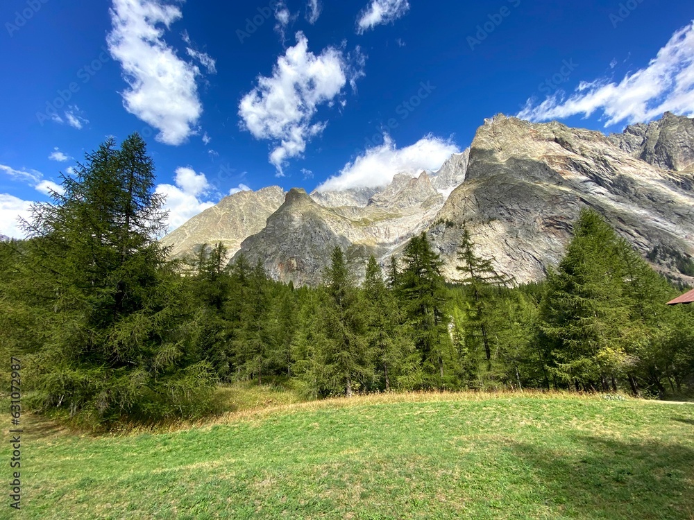 Mountain view, green valley and blue sky, Valle d'Aosta Italy