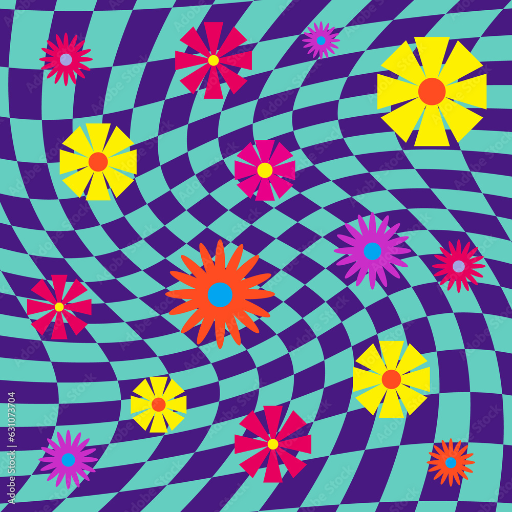 Purpled blue psychedelic squares geometric pattern with flowers. Optical illusion background 60s