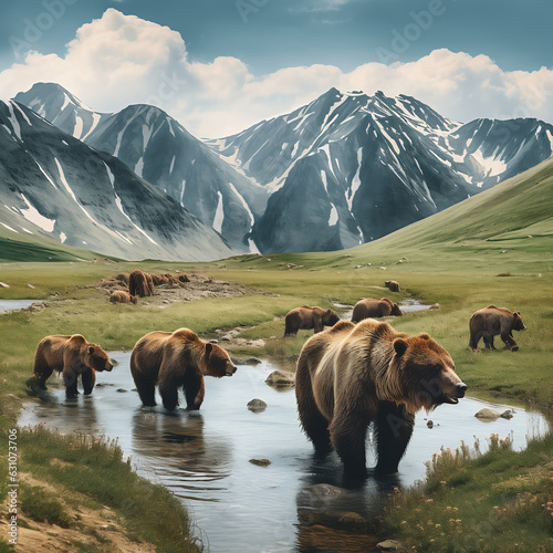 Herd of Brown Bears in the Karakoram Mountain Range - Generated by AI