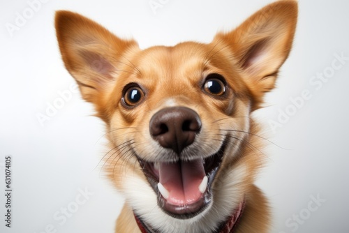 Joyful Dog with Ears Up. Small brown and white dog with ears perked up, displaying an excited expression.
