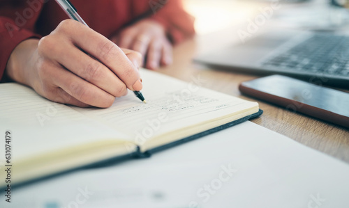 Hand, notebook and person writing, schedule and calendar with brainstorming and planning work closeup. Business, ideas and notes with project deadline, productivity and workflow with research