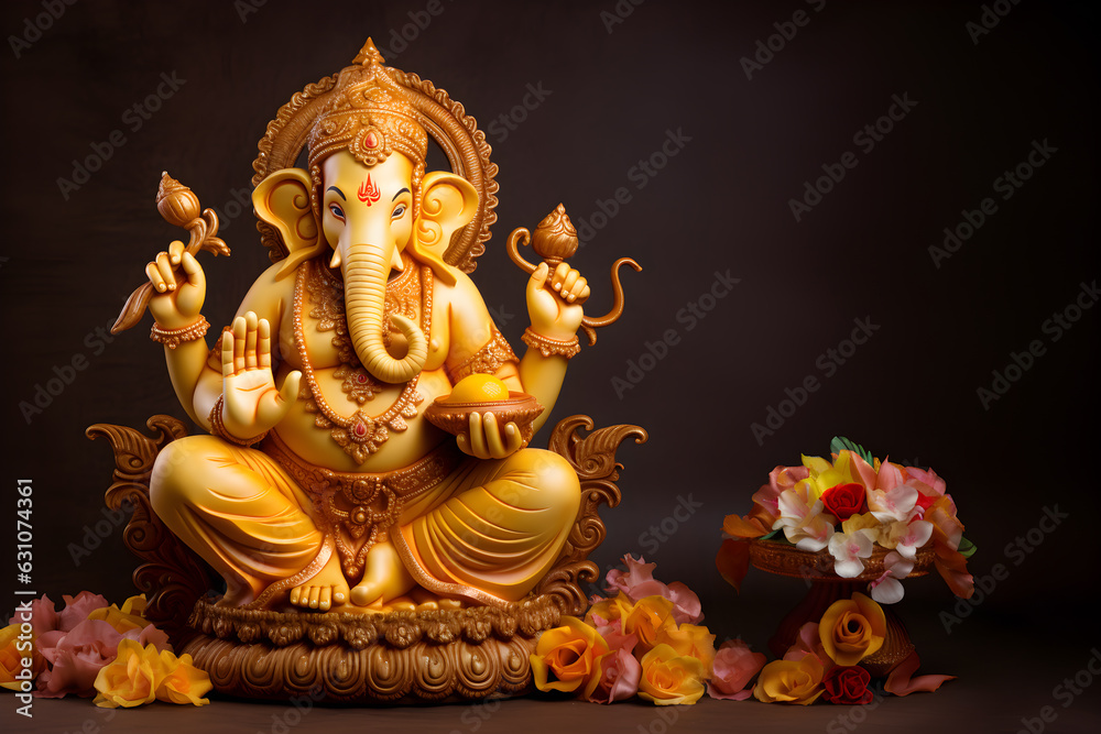 Statue of Hindu god Ganesha and flower on black background. Fortune wallpaper, Generative AI