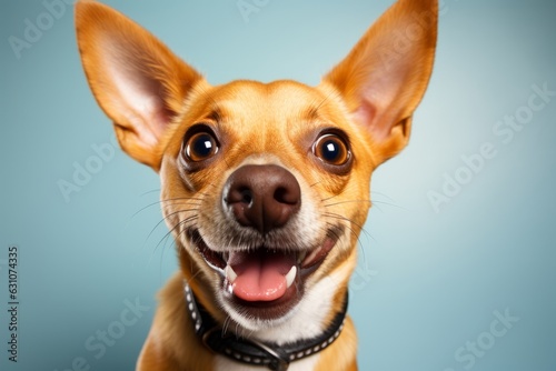 Elated Dog Laughing on Blue. Delighted dog with a wide-open mouth and bright eyes, set against a blue background.