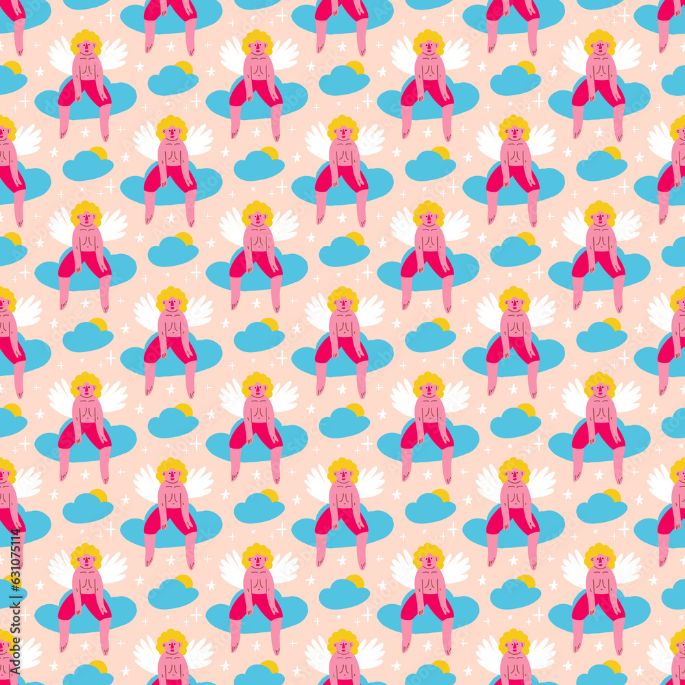 Valentine funny angels seamless pattern. illustration in doodle style