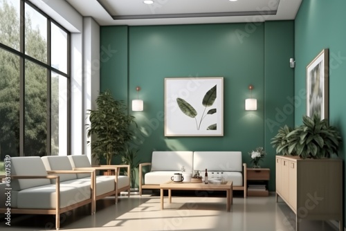 Lobby and reception of medical clinic  Green themed doctors office medical waiting room.