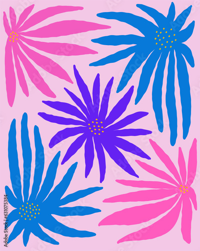 Vibrant abstract flowers in retro hippie style. An aesthetic card in the style of Matisse