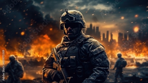 Military soldier, Soldier in the middle of a war in destroyed city.