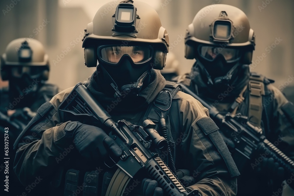 Soldiers in military gear and bulletproof vests cover each in full combat readiness.