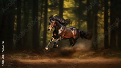 dark brown horse running in the woods