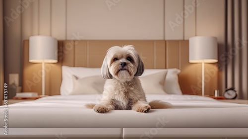 puppy sleep on white mattress hotel room 