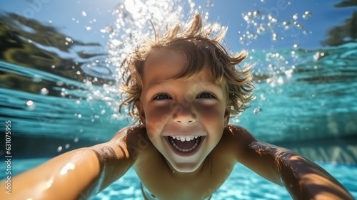 Happy children have fun in swimming pool, Funny child swim, dive in pool. © visoot