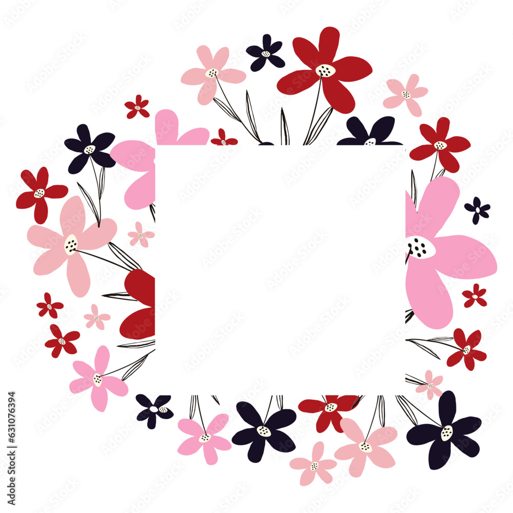 Creative vibrant floral square frame, bright frame with pink and red wildflowers 