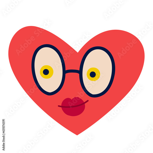 Red groovy funky heart character in glasses retro style. Valentines day love heart
