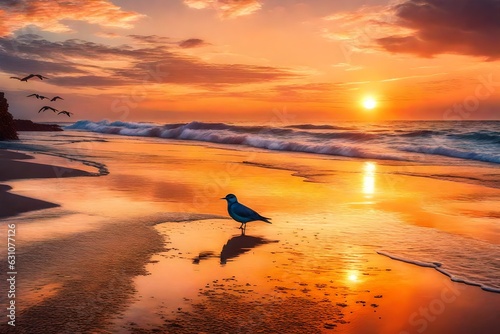 the view of a bird on the beach at sunset ai generated 
