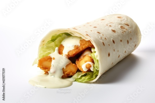 Crispy chicken wrap with lettuce, melted Mozzarella, yellow or honey sauce, tortilla wrap with chicken and vegetables