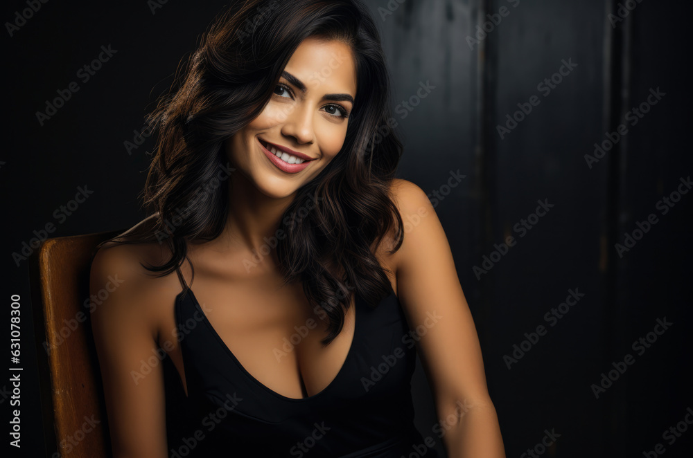 Close up portrait of a beautiful Indian woman with a black dress sitting on a chair. Generative AI. Close up portrait of a beautiful Indian woman with a black dress sitting on a chair. Generative AI.