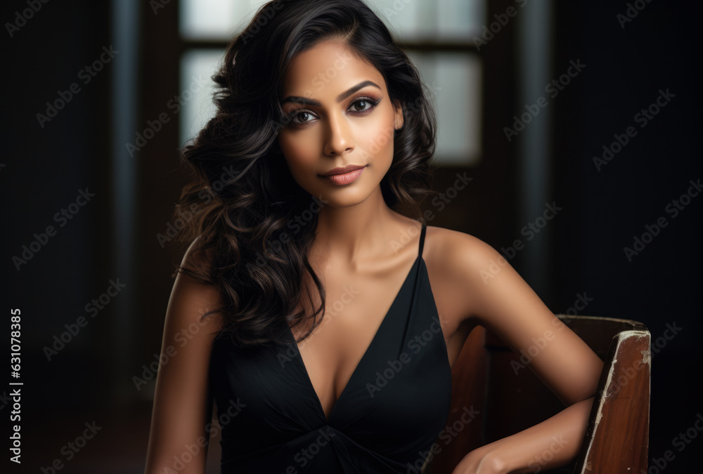 Close up portrait of a beautiful Indian woman with a black dress sitting on a chair. Generative AI. Close up portrait of a beautiful Indian woman with a black dress sitting on a chair. Generative AI.