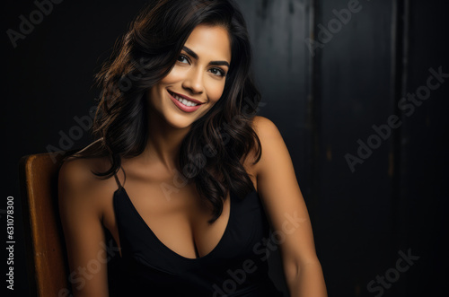 Close up portrait of a beautiful Indian woman with a black dress sitting on a chair. Generative AI.