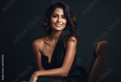 Close up portrait of a beautiful Indian woman with a black dress sitting on a chair. Generative AI.