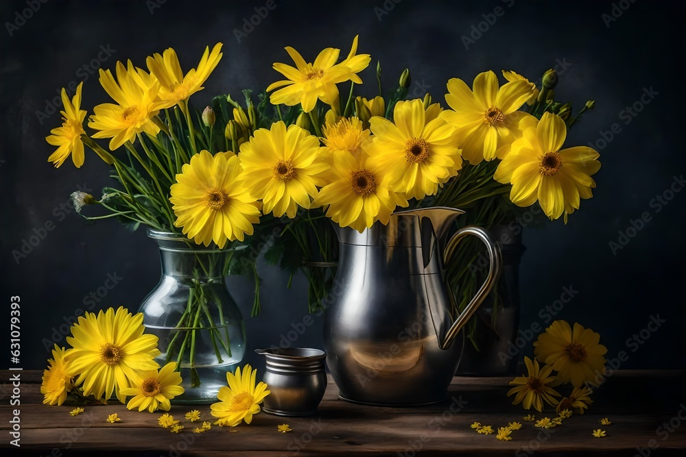 Obraz premium the view of jug of yellow flowers on the table and yellow background ai generated 