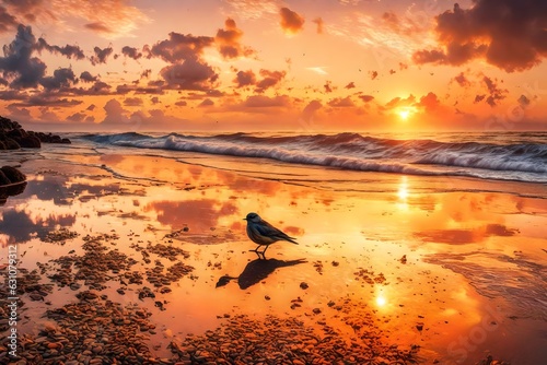 the view of a bird on the beach and sunset in background ai generated © shammor