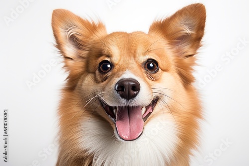Charming Headshot of a Smiling Corgi. Headshot of a Corgi dog smiling directly at the camera against a white background. © AI Visual Vault