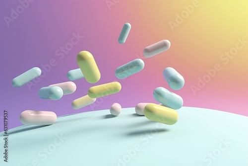 Pastel color medicine pills levitating background