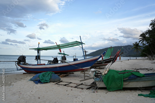 Fishermen s fishing boats used to fish at sea parked on the beach.