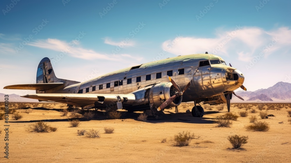 A broken airplane in the desert