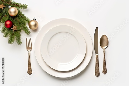 Christmas table setting with white and golden decoration on white background. Minimalism style. Copy space. Xmas dinner. Generative AI.