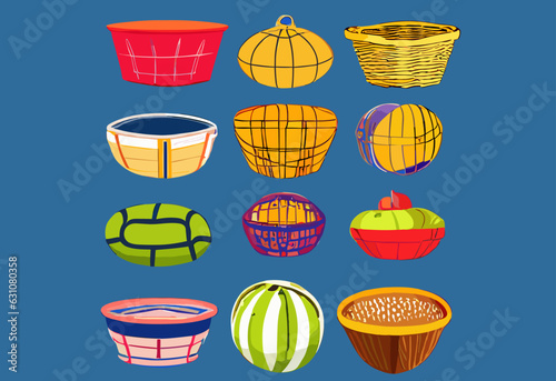 twelve different baskets on a blue background