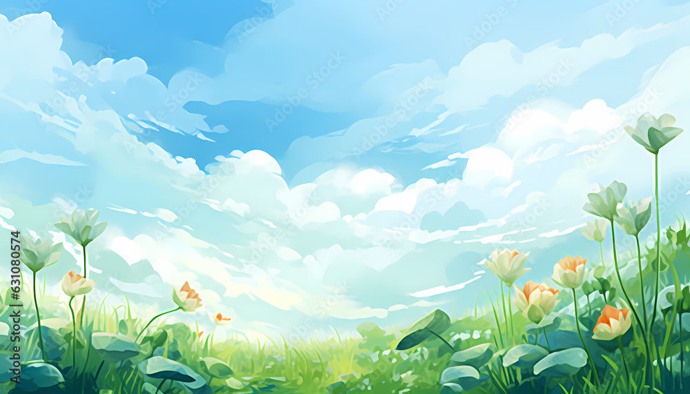 summer background with flowers and clouds