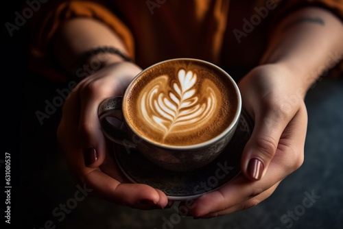 Cup of cappuccino with latte art in female hands