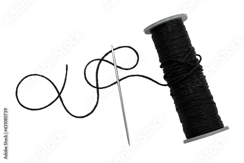 Foto Plastic spool with black synthetic threads close-up