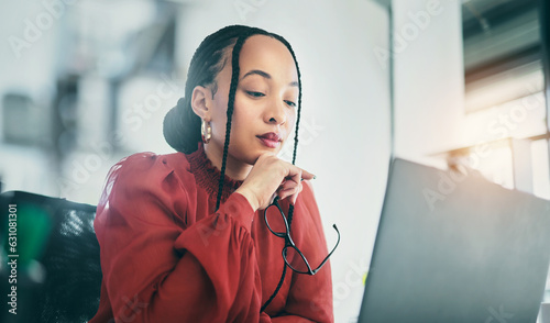 Картината върху платно Thinking, office laptop and professional woman planning, reading or editing online news story, social media post or business blog