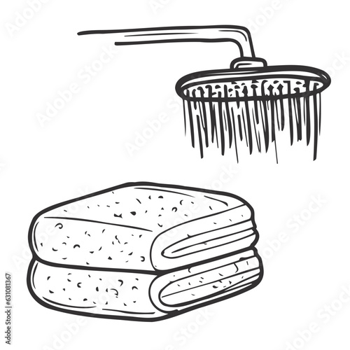 Doodle vector set of shower. Towel and shower head sketch