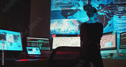 Canvastavla Cybersecurity, woman and map of global network for phishing, ransomware and cyber terrorism search