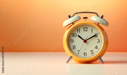 Red vintage alarm clock on colorful pastel bright background with copy space, yellow,orange colored. Minimalism creative layout