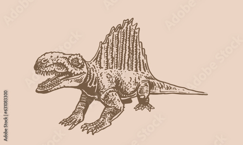 Graphical  spinosaurus on sepia background, vector illustration,angry  dinosaur