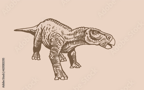 Graphical illustration of iguanodon on sepia background,vector vintage illuatration.Dinosaur