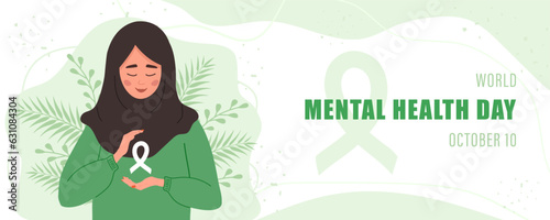 World mental health day banner. Happy islamic woman with ribbon. Annual international health campaign. Vector illustration in flat cartoon style.