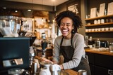 smiling woman laughing while at coffee shop