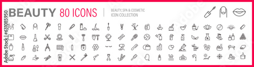 80 icons collection about beauty, cosmetic, spa and haircut, skin care.