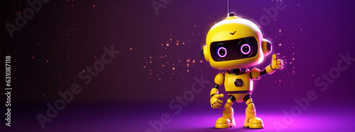 Positive robot of yellow color at a spacefull purple background,banner,copy space.Generated by AI.