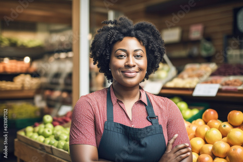 Portrait of black small business owner in her grocery store. Generative AI. 
