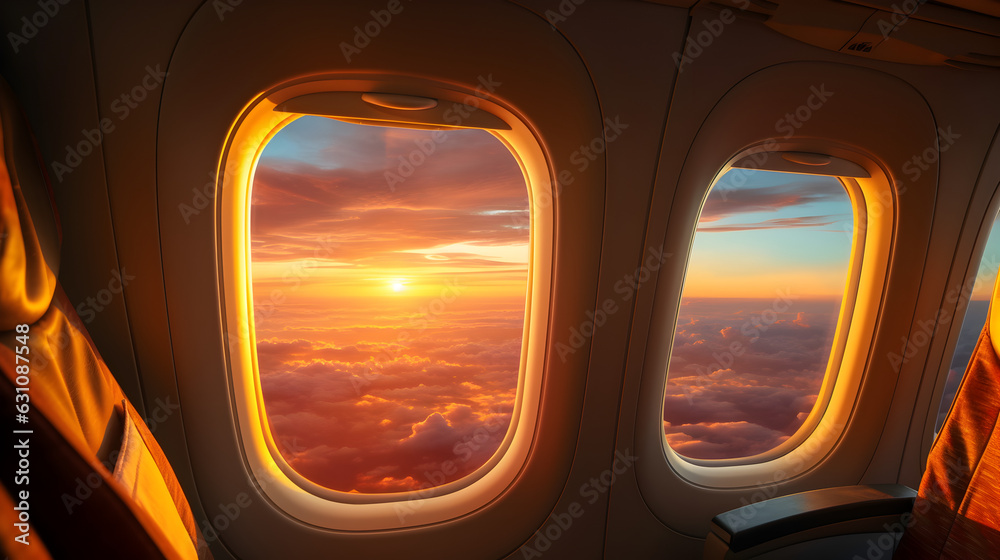 Beautiful sunset, sky on the top view, airplane flying view from inside window aircraft of Traveling Generative AI Beautiful sunset, sky on the top view, airplane flying view from inside window aircraft of Traveling Generative AI