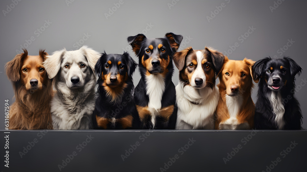 Dogs lined up together for a portrait in front of a seamless grey background. Mixed breeds at an animal shelter Generative AI